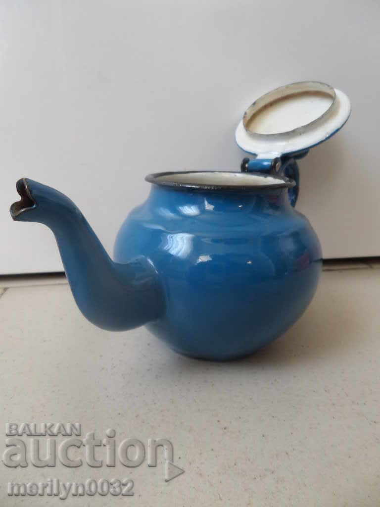 Auction Enamelled teapot made of salt container with enamel Auction Enamelled teapot made of salt container with enamel