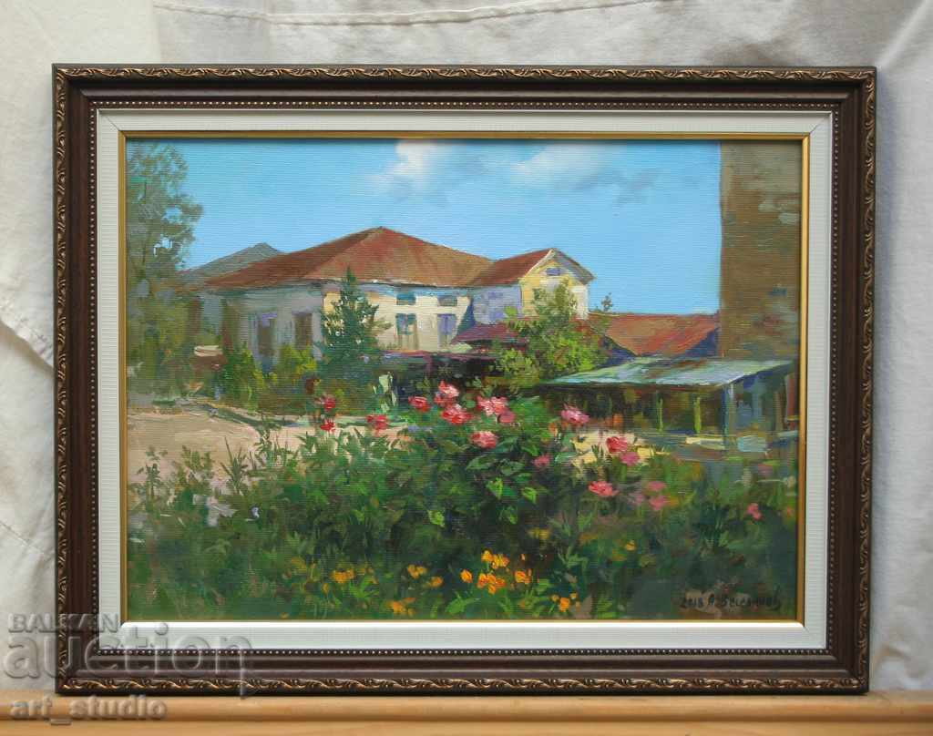 courtyard with flowers - oil paints