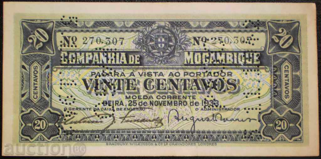 20 центавос 1933 Мозамбик UNC