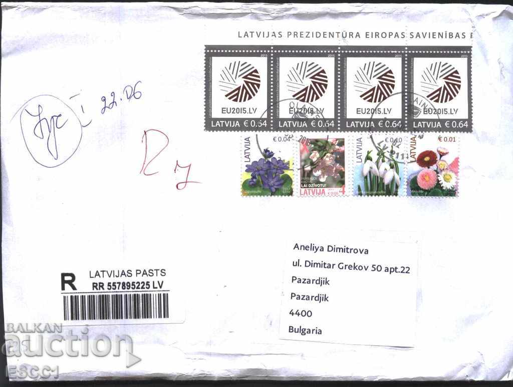 Пътувал плик с марки Европейски съюз 2015, Цветя   от Латвия