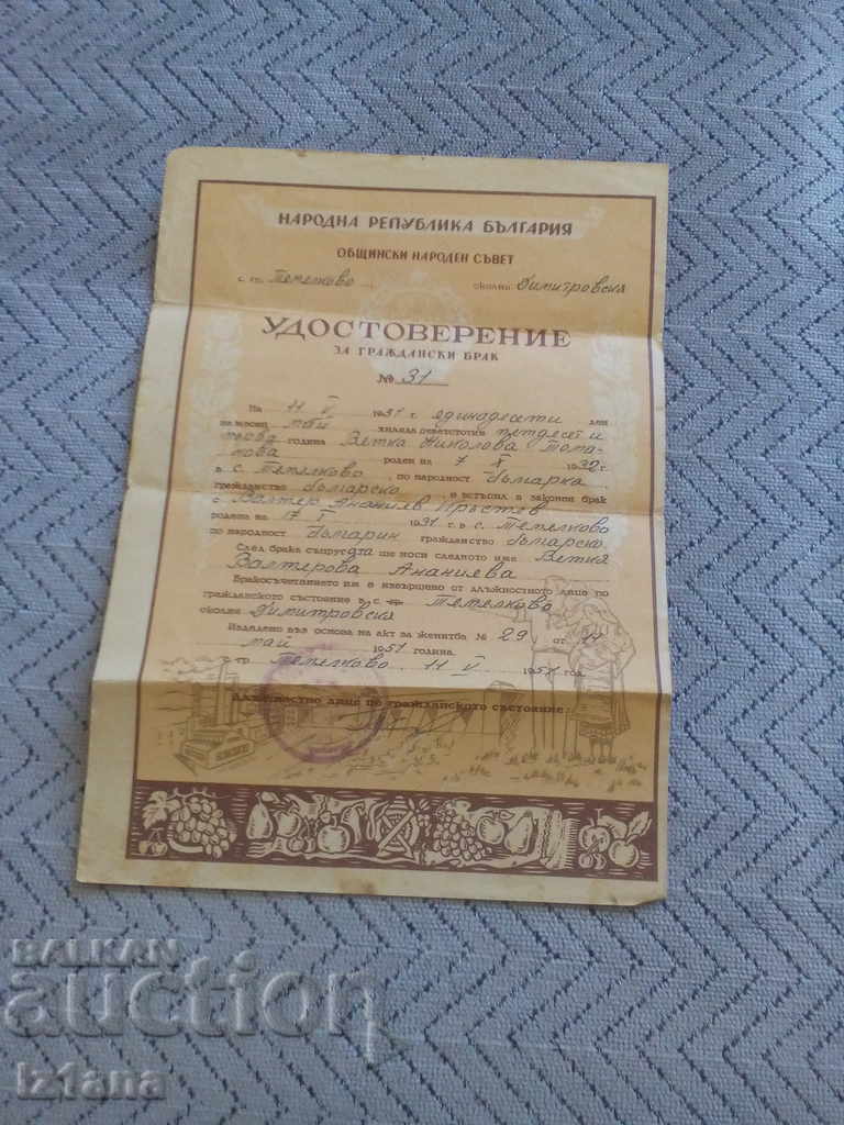 Certificate of civil marriage