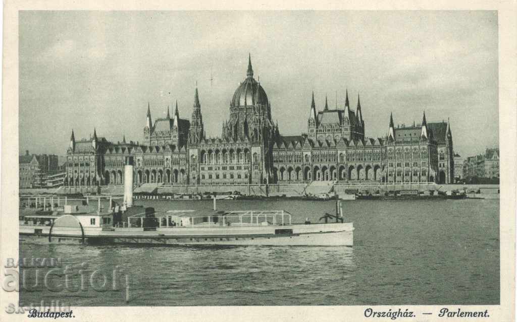 Antique card - Budapest, Parliament and river boat