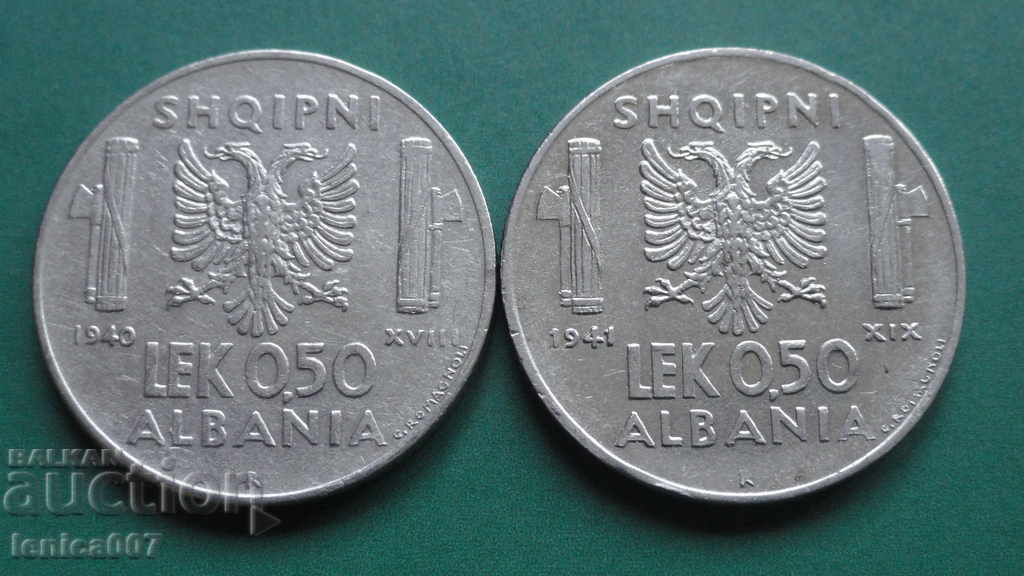 Аукцион Албания 1940-41г. - 0,50 лек (R) 2 броя Аукцион Албания 1940-41г. - 0,50 лек (R) 2 броя