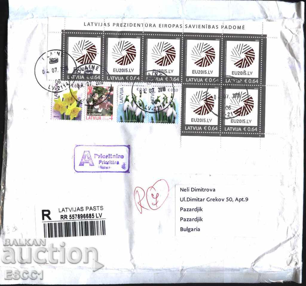Traveled envelope with European Union marks 2015, Flowers from Latvia