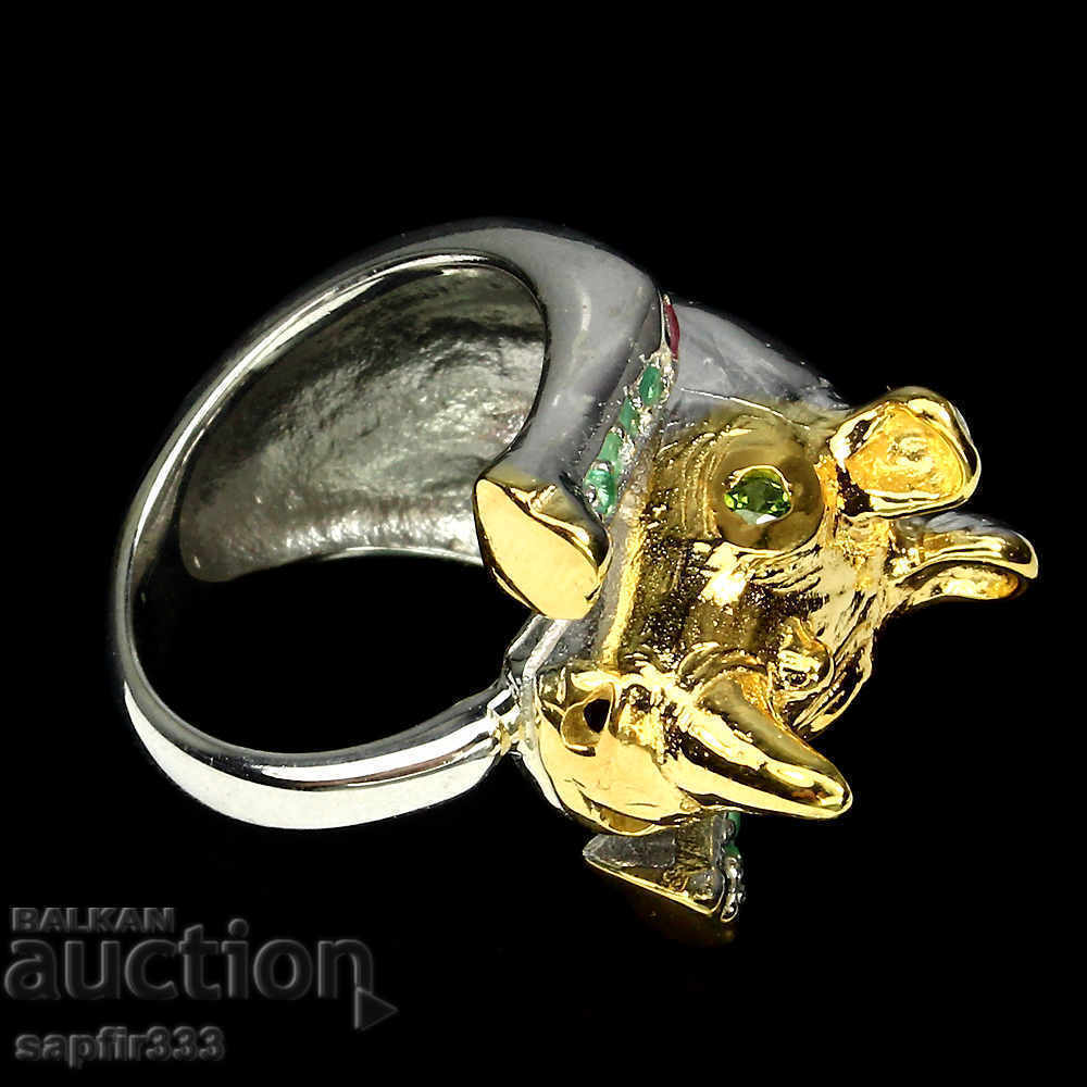 Auction  UNIQUE RING "NOSOROG" WITH DIOPIDS, MAGARAS AND RUBINS
