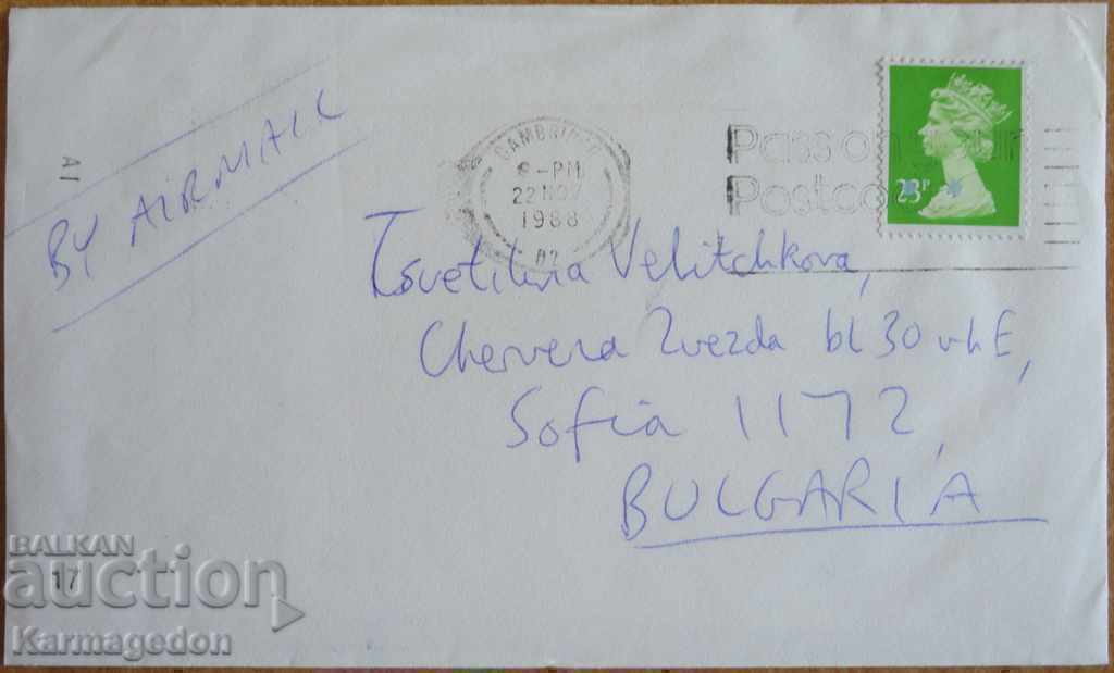 Traveled envelope with a letter from England, 1980s