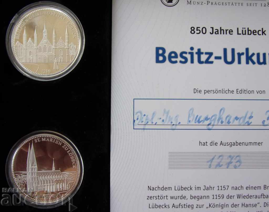 Licitație 850 de Luebeck 7 bucăți de argint fiecare 14,6g. 36mm PROOF UNC