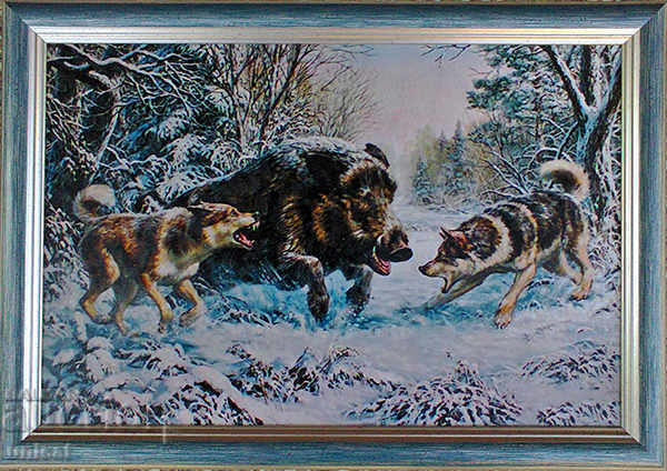 Wild boar against dogs, a picture for hunters with price 240.00 BGN | € 122.71 Wild boar against dogs, a picture for hunters with price 240.00 BGN | € 122.71