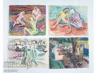 4 small old paintings drawing paintings on paper unsigned