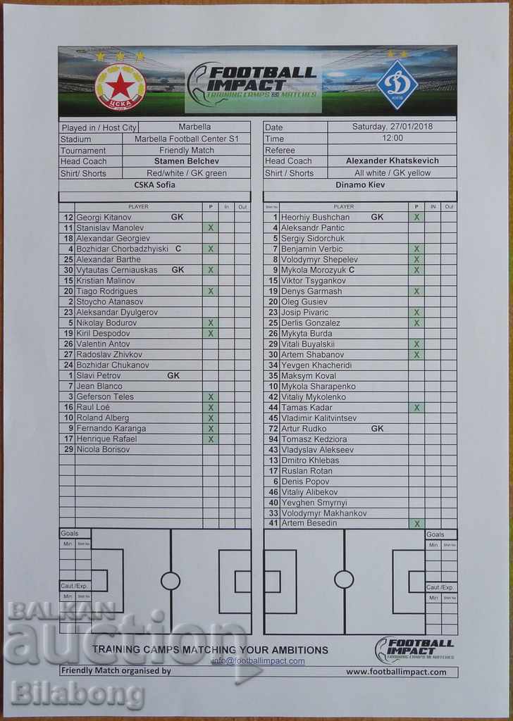 Football team sheet CSKA-Dynamo Kyiv, Friendly - 2018