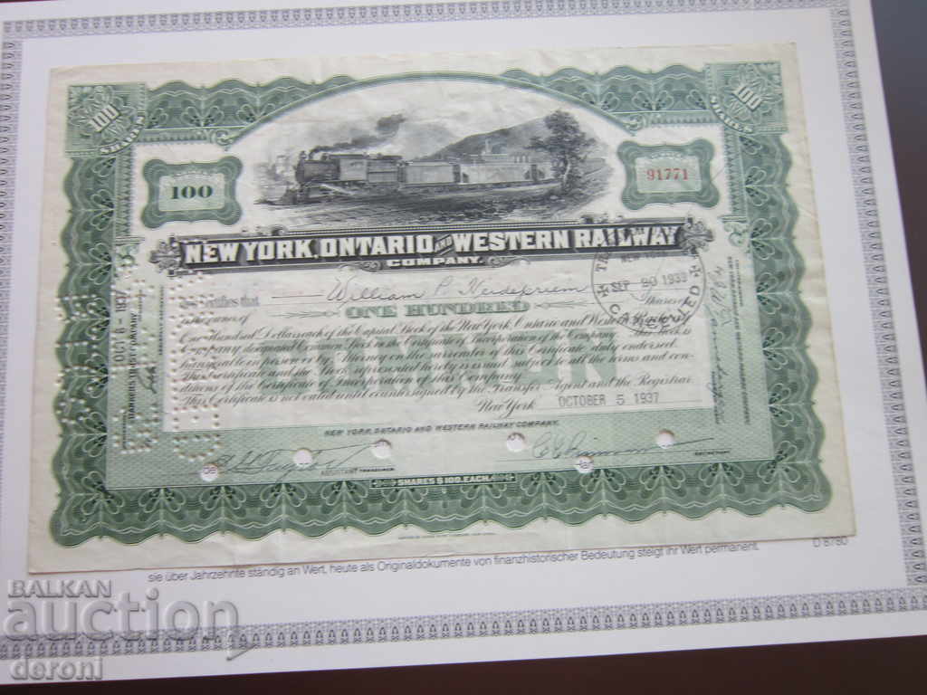 Auction American Stock 1937 New York Ontario 100 Shares Auction American Stock 1937 New York Ontario 100 Shares