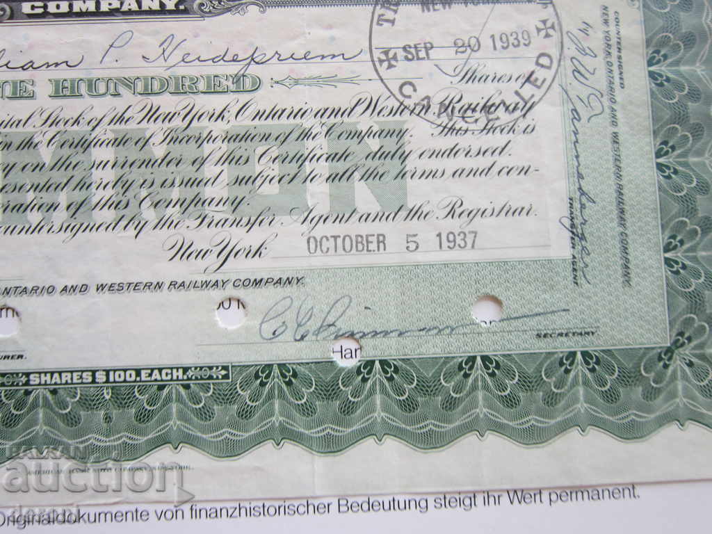 American Stock 1937 New York Ontario 100 Shares - 5 American Stock 1937 New York Ontario 100 Shares - 5