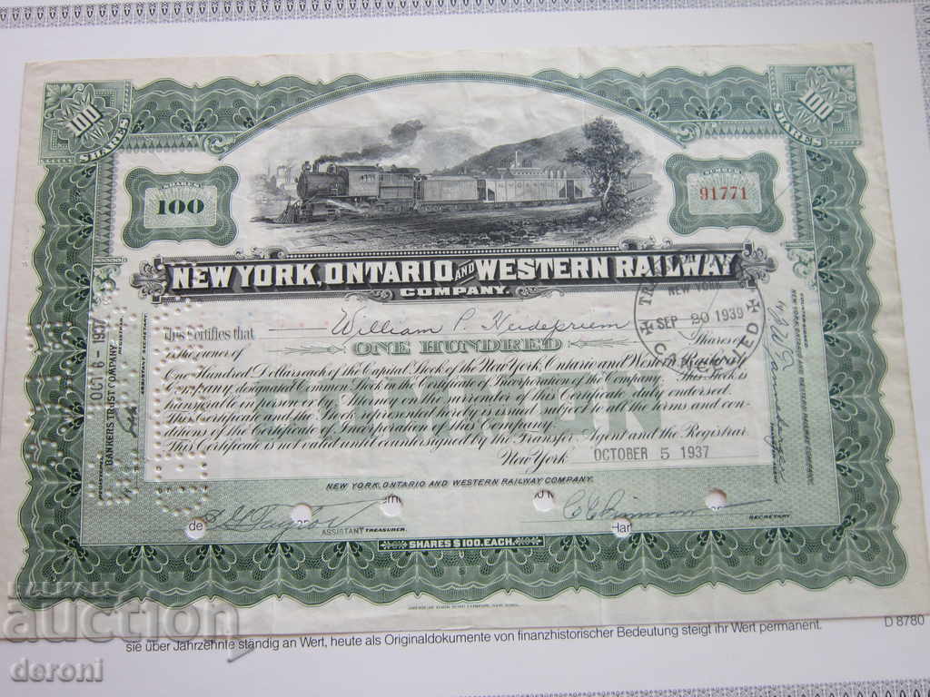 American Stock 1937 New York Ontario 100 Shares - 6 American Stock 1937 New York Ontario 100 Shares - 6
