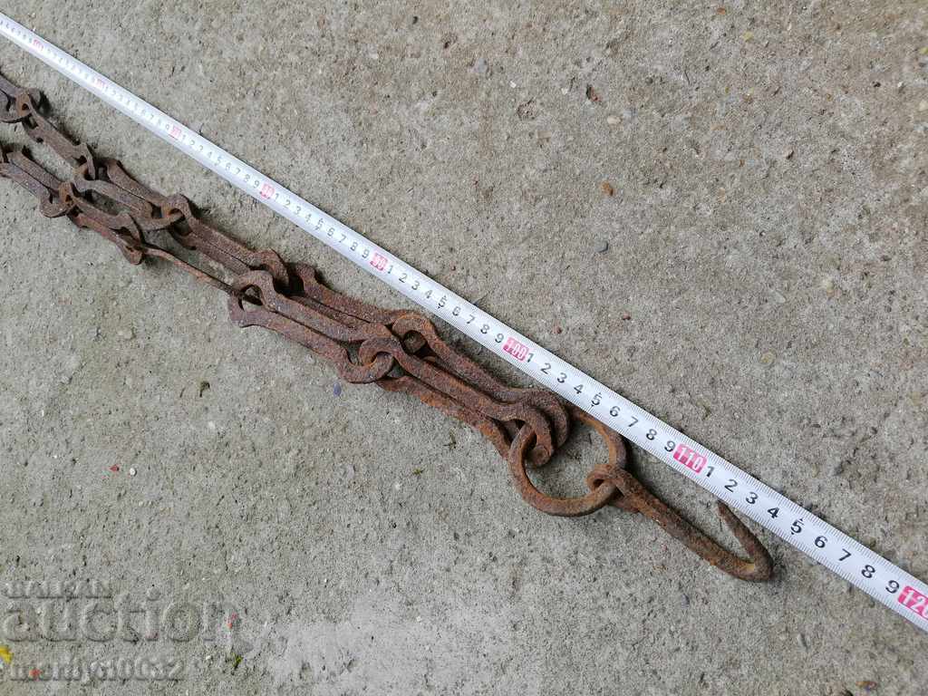 Auction  Old forged chain with hook, hearth for hearth chain hook