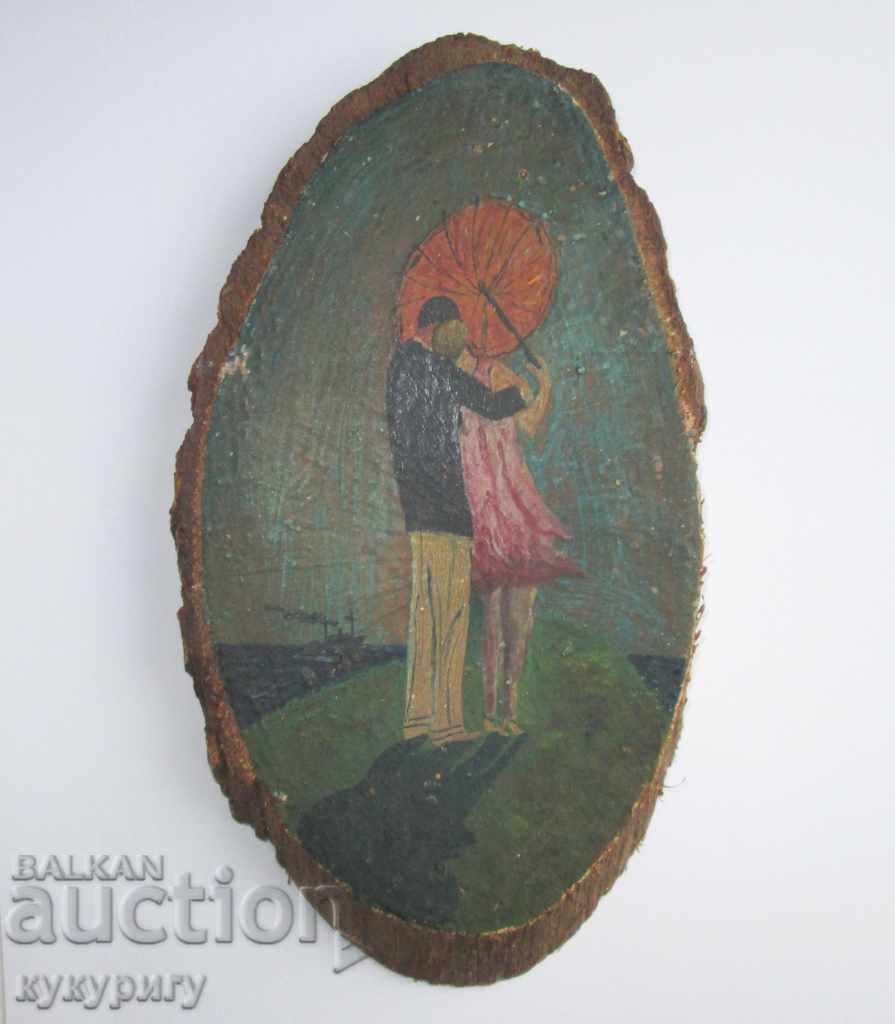 Old small love picture drawing on wood unsigned