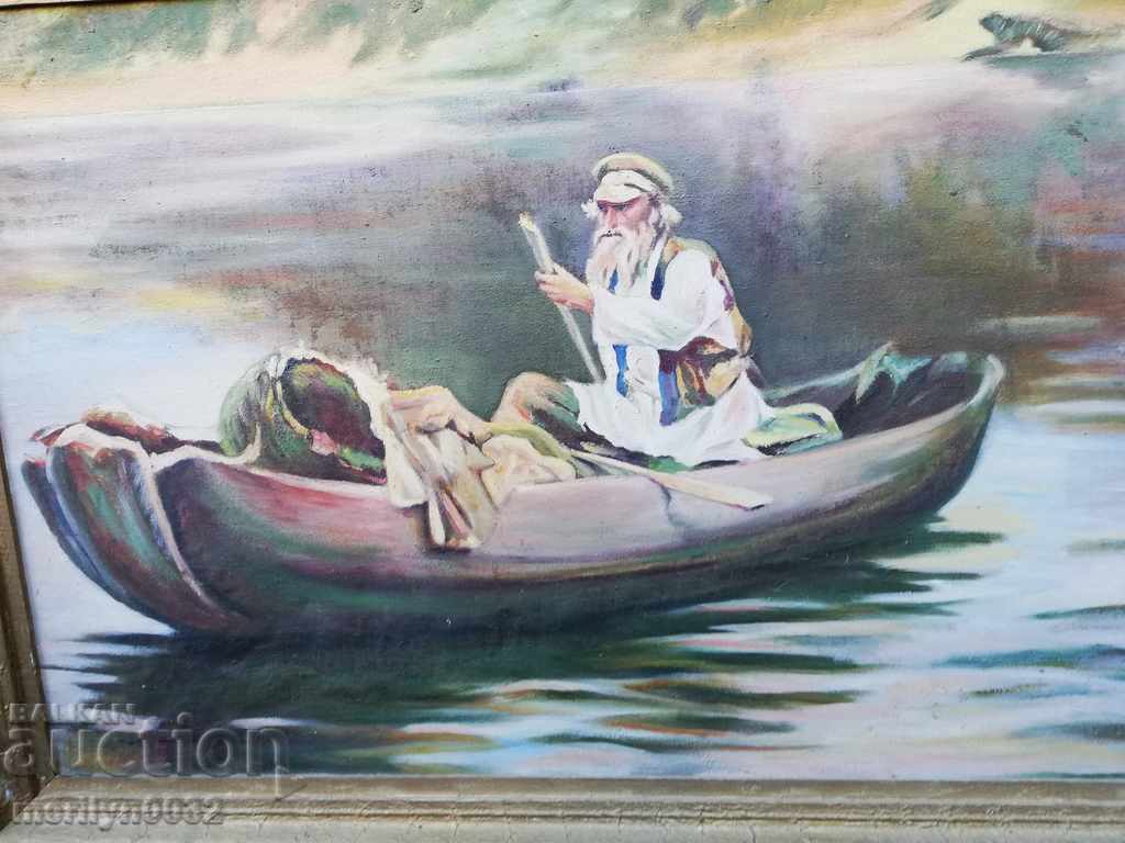Παράδοση Εικόνα ζωγραφικής με λάδι ρωσικού τοπίου Άνθρωπος σε μια βάρκα Παράδοση Εικόνα ζωγραφικής με λάδι ρωσικού τοπίου Άνθρωπος σε μια βάρκα