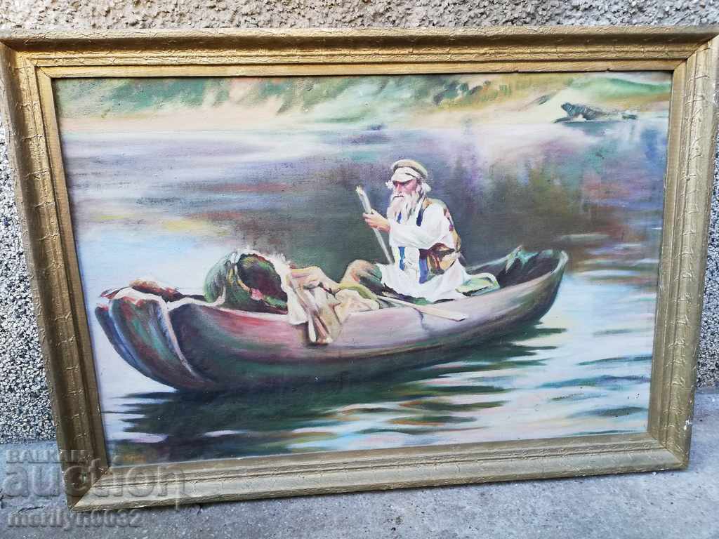 Εικόνα ζωγραφικής με λάδι ρωσικού τοπίου Άνθρωπος σε μια βάρκα