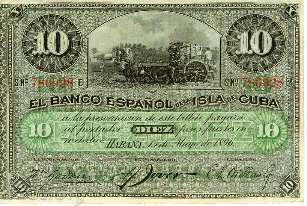 10 Pesos Cuba 1896 P-49d excelent