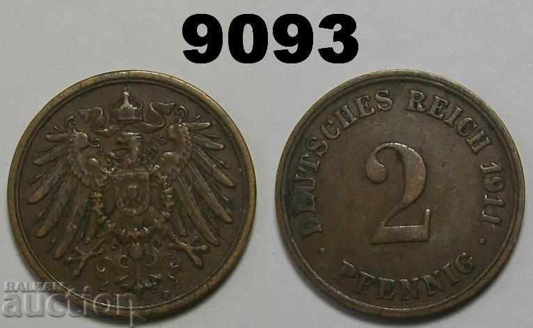 Germany 2 Pennies 1911 D aXF Coin