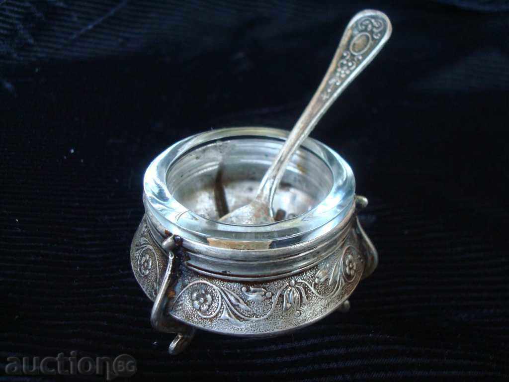 Vas pentru caviar, muștar, sticlă masivă, argintată + linguriță Vas pentru caviar, muștar, sticlă masivă, argintată + linguriță