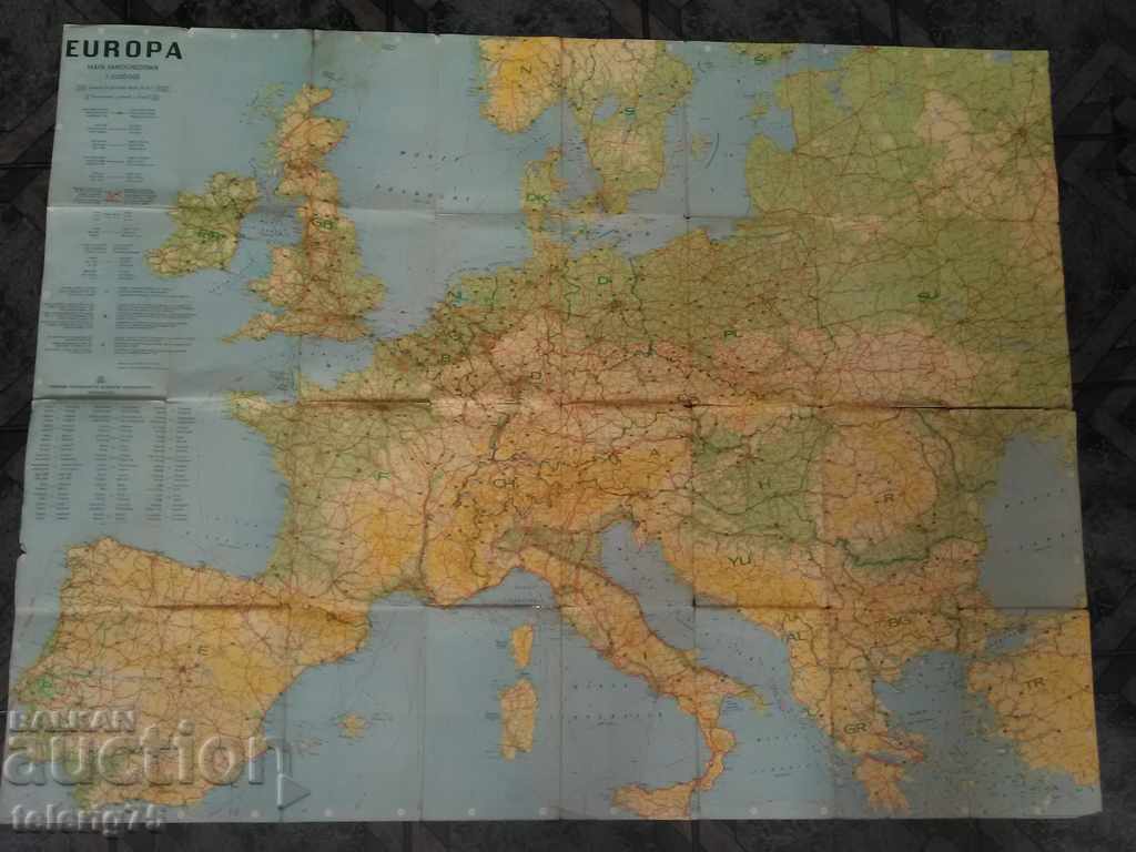 Vechea hartă automobilică veche a Europei / Europa-1974