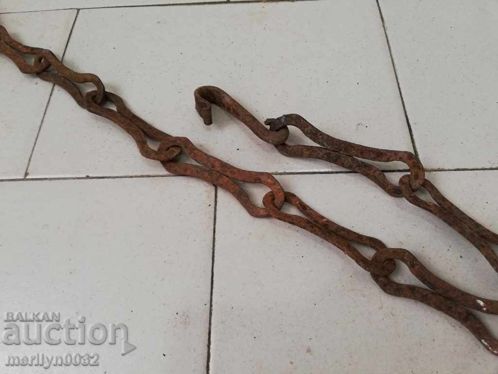 Auction Old forged chain with hook, hearth for hearth chain hook Auction Old forged chain with hook, hearth for hearth chain hook