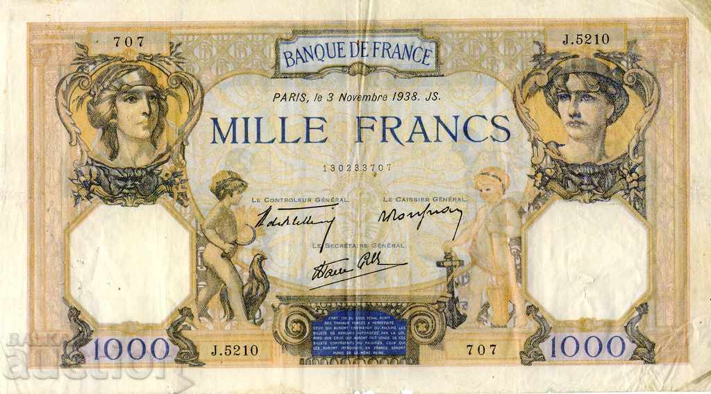 1000 francs France 1938 P90c excellent quality large format