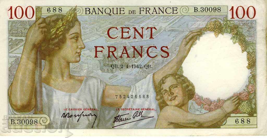 100 франка Франция 1942 P-94 почти нециркулирала