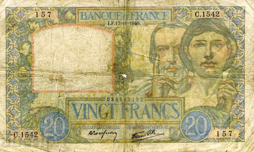20 francs France 1940 P-92b.1 "Science and Work"