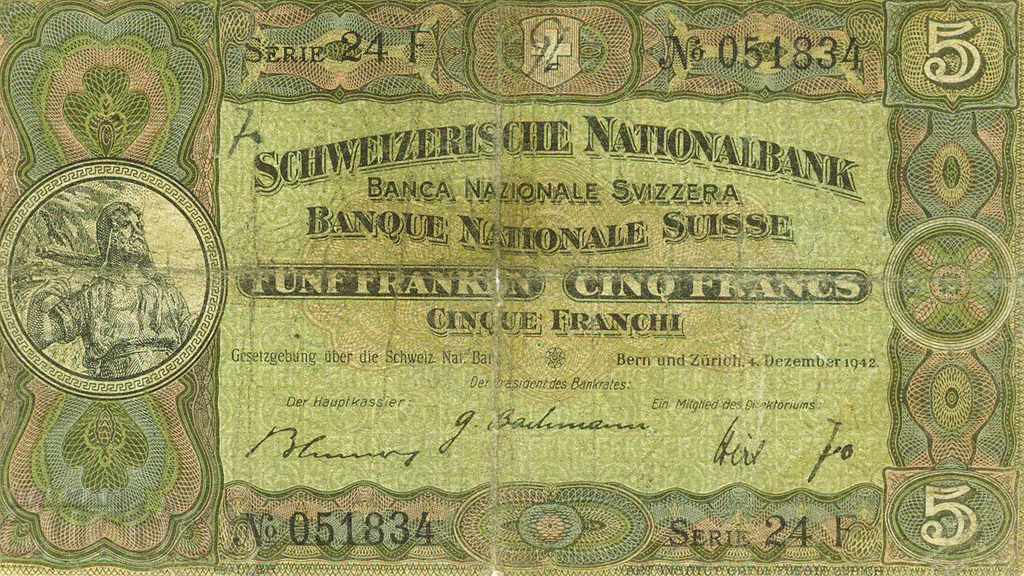 5 франка Швейцария 1942 P-11j.2 рядка банкнота