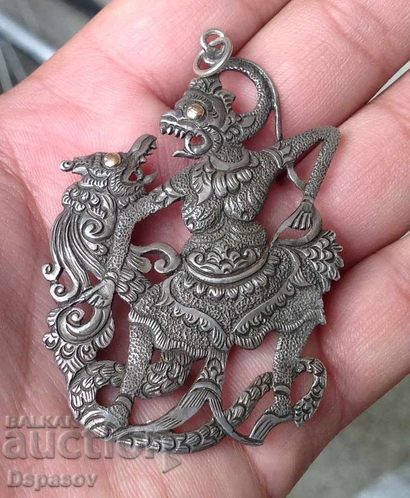 Antique Silver Medallion Pendant Indonesia Hindu Hanuman
