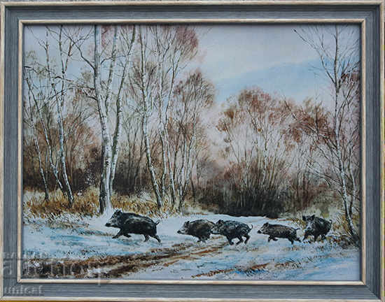Χειμερινό τοπίο με αγριογούρουνα, εικόνα για κυνηγούς