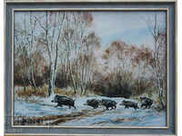 Зимен пейзаж с диви прасета, картина за ловци