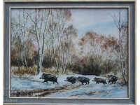 Winter landscape with wild boars, picture for hunters