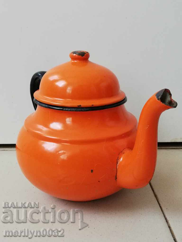 Auction Enamelled teapot made of salt container with enamel Auction Enamelled teapot made of salt container with enamel