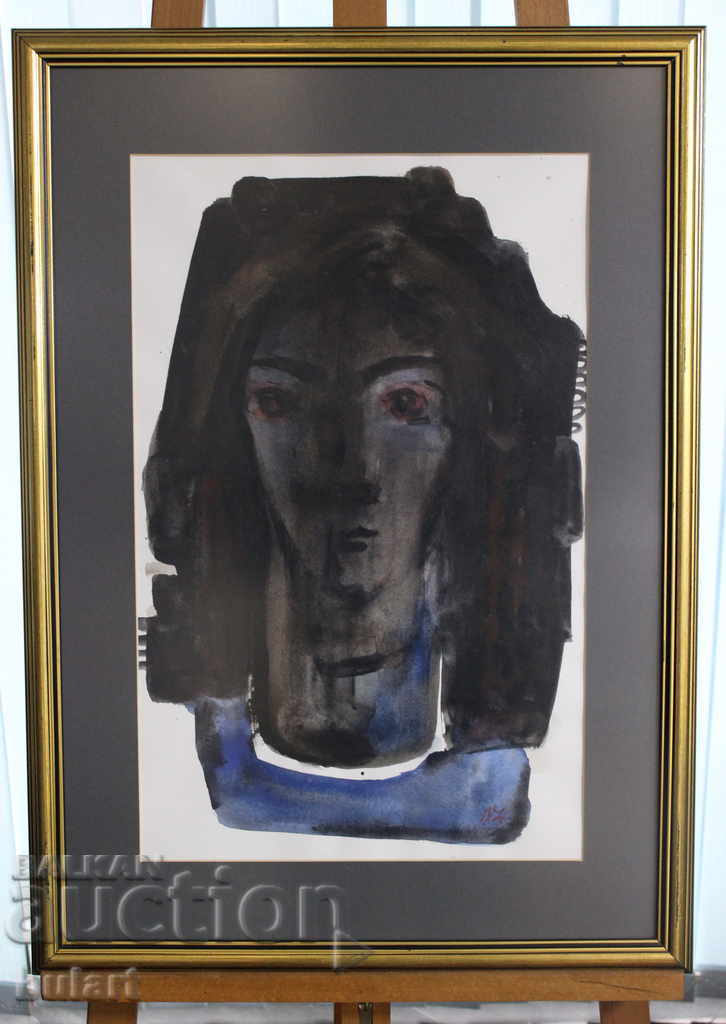 Painting Dechko Uzunov "Woman" Watercolor Signed Frame