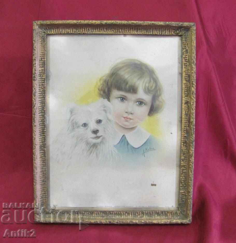 19th century Antique Lithography Child and Dog