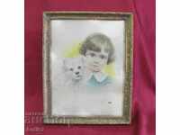 19th century Antique Lithography Child and Dog