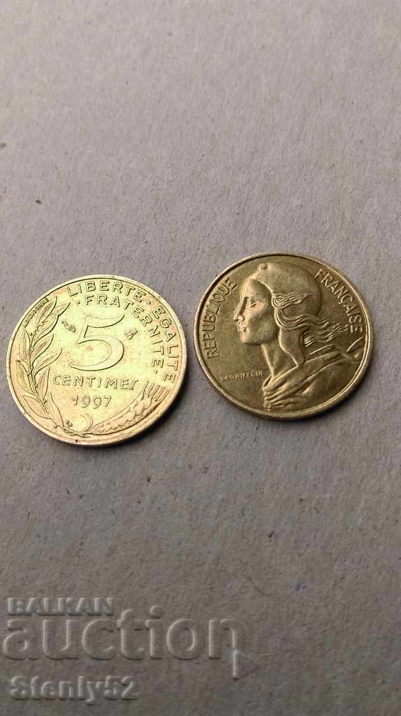 2 French 5 centimes from 1996 and 1997