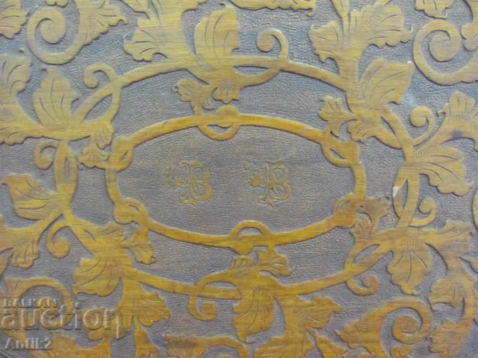 Auction Old wooden mahogany tray, hand-carved, monogram Auction Old wooden mahogany tray, hand-carved, monogram