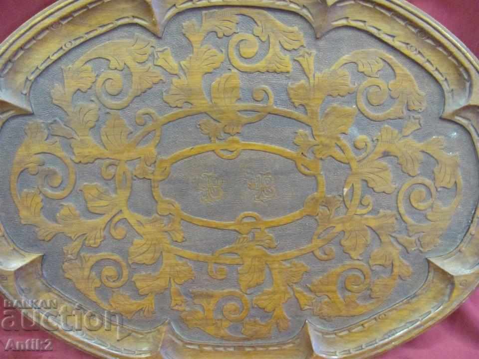 Delivery of Old wooden mahogany tray, hand-carved, monogram Delivery of Old wooden mahogany tray, hand-carved, monogram