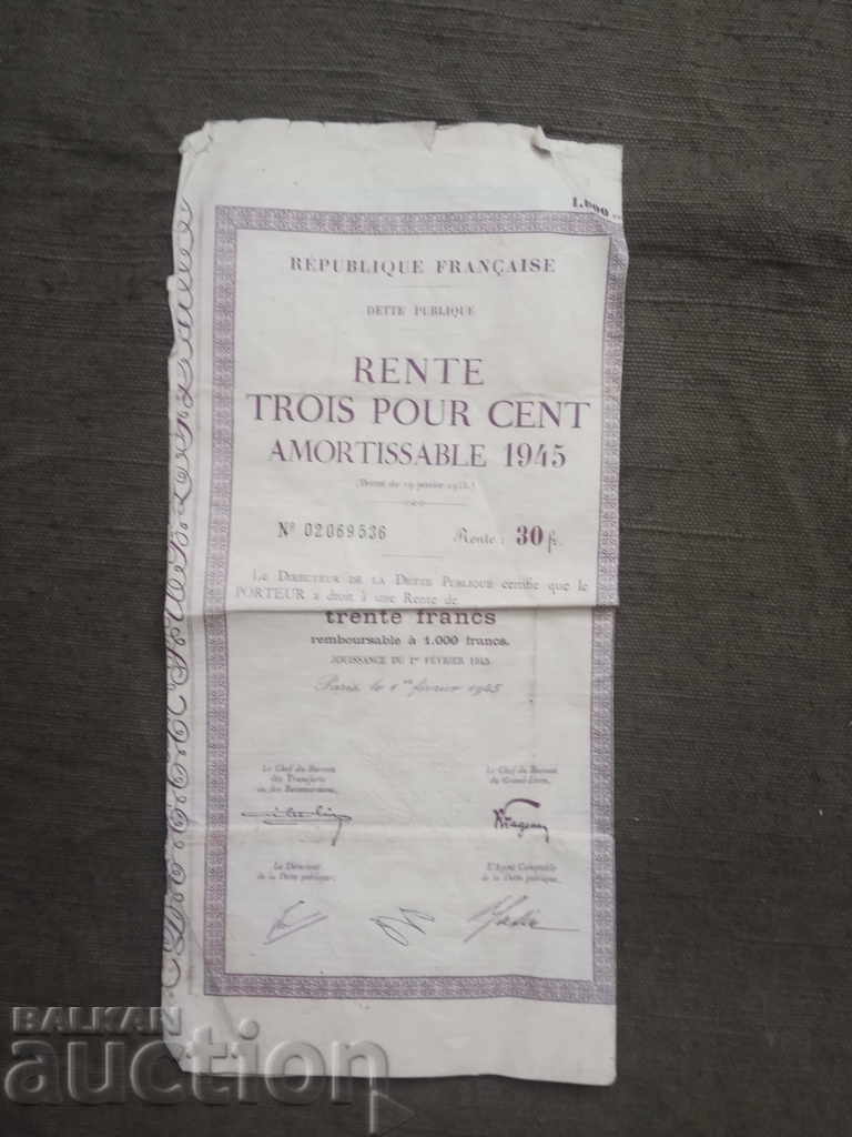 RENTE Trois Pour Cent Amortissable 1945