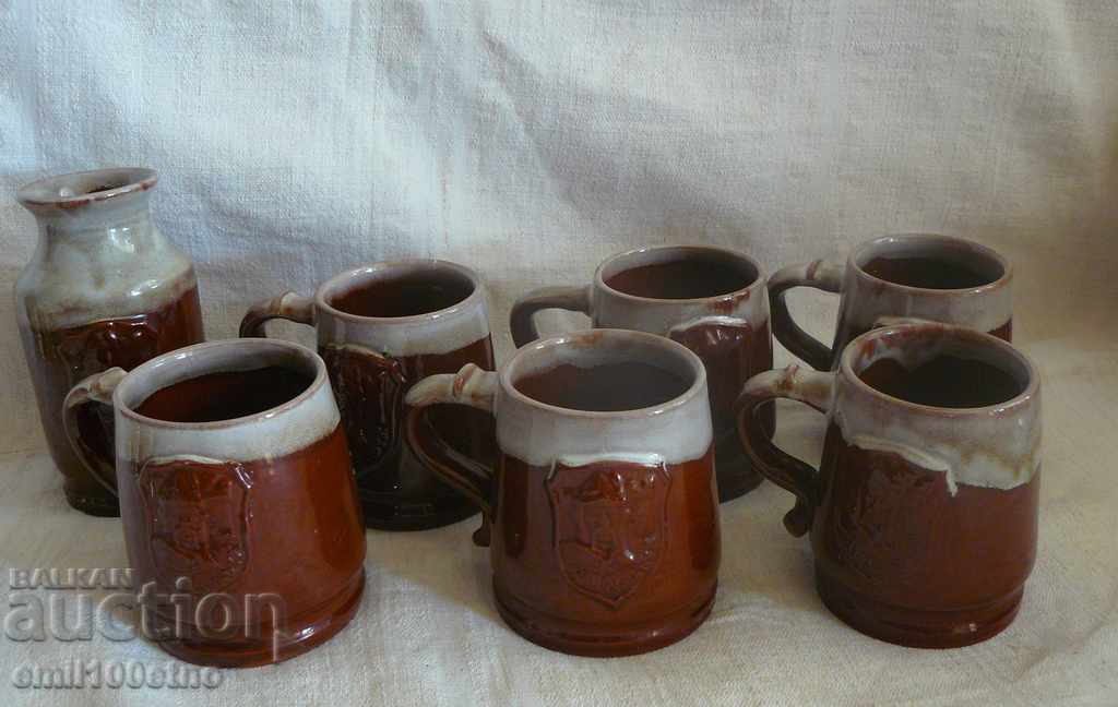 Khan Asparuh Wine Service - 6 ceramic mugs plus a vase