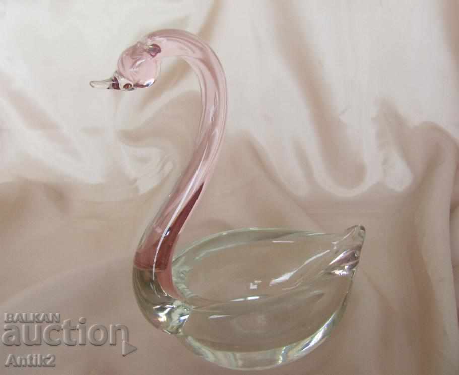 Old Murano Glass Crystal Figure Swan pink