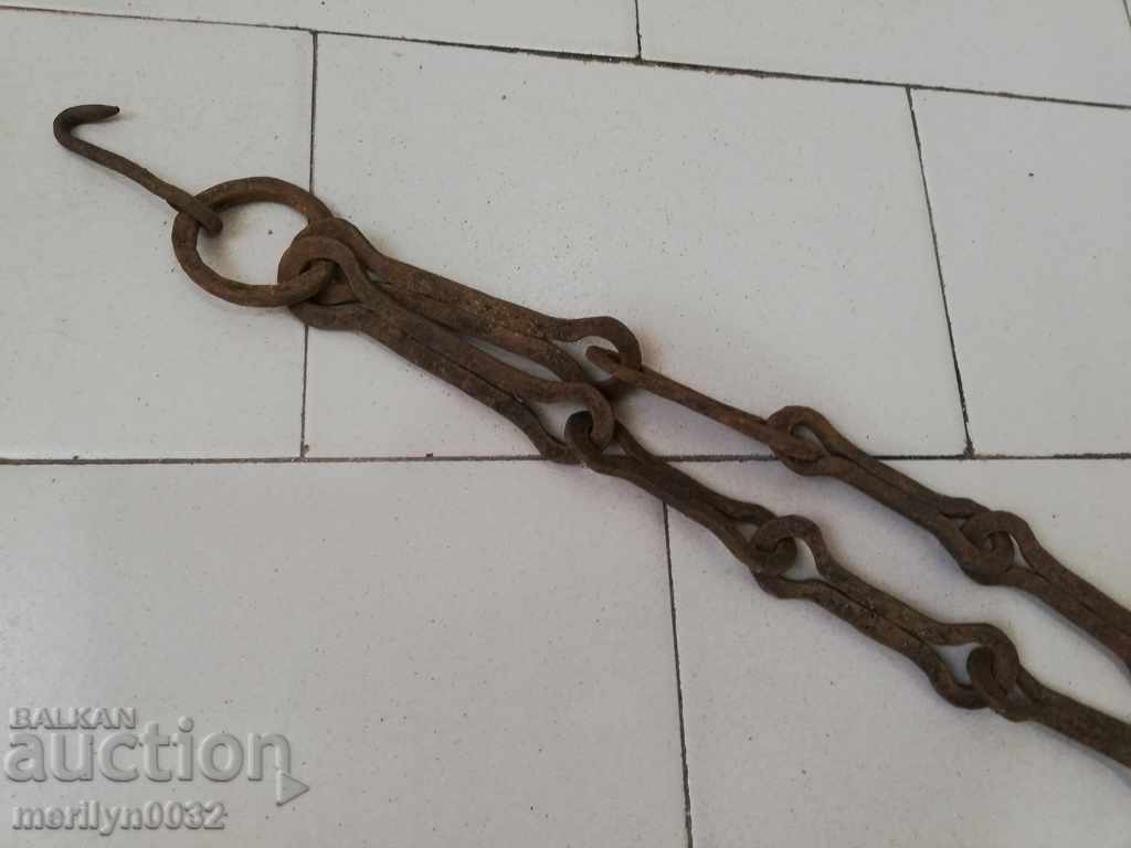 Auction Old forged chain with hook, hearth for hearth chain hook Auction Old forged chain with hook, hearth for hearth chain hook