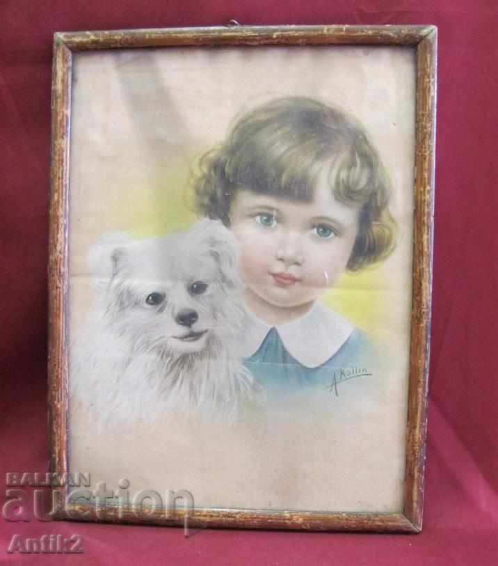 The 20 Antique Flower Litography "Child with a Dog" Germany