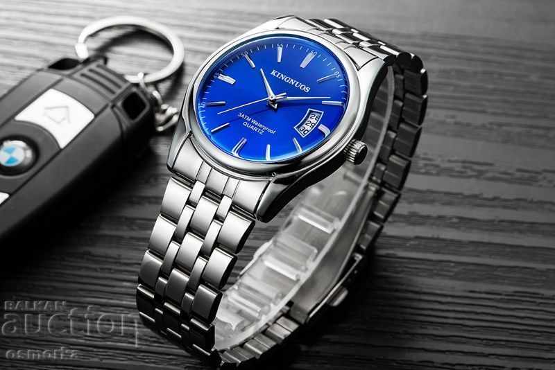 Доставка на Нов Kingnuos часовник стоманен корпус и верижка дата син Доставка на Нов Kingnuos часовник стоманен корпус и верижка дата син