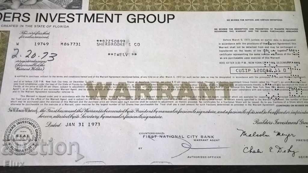 Auction Warranty purchase for shares Builders Investment Group 1973 Auction Warranty purchase for shares Builders Investment Group 1973