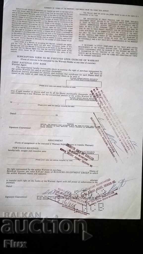 Delivery of Warranty purchase for shares Builders Investment Group 1973 Delivery of Warranty purchase for shares Builders Investment Group 1973