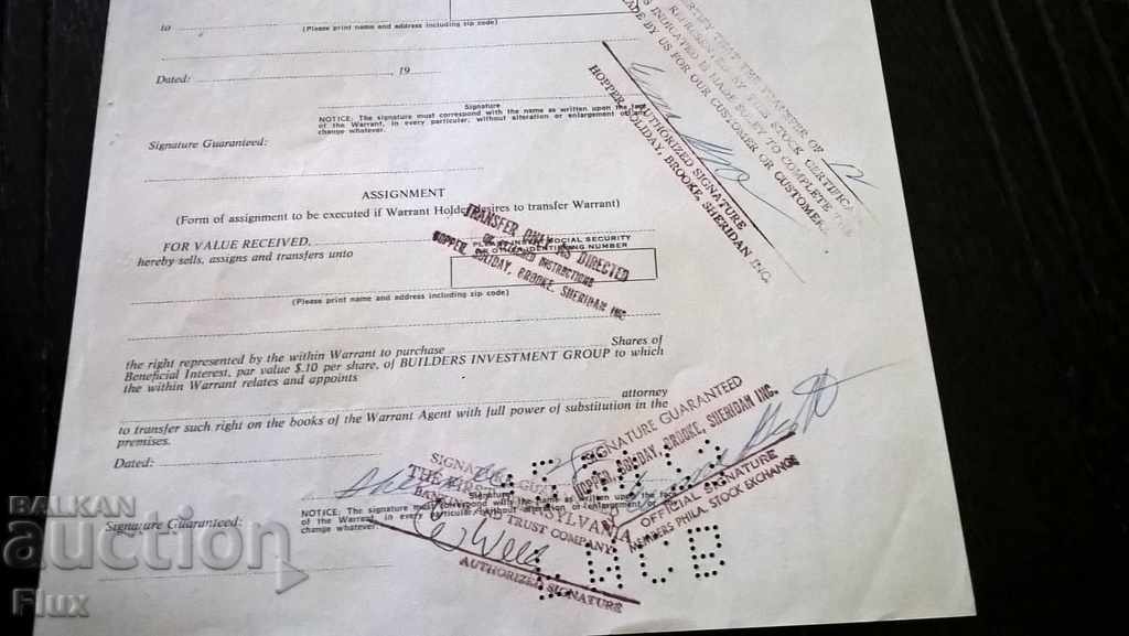 Warranty purchase for shares Builders Investment Group 1973 - 6 Warranty purchase for shares Builders Investment Group 1973 - 6